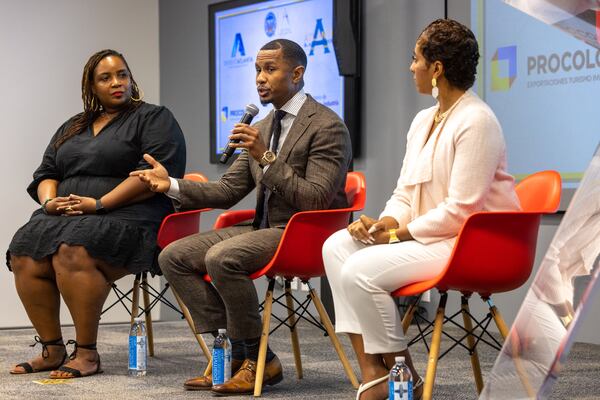 Entrepreneurs Kris Hale, Channing Baker and Jennifer Barbosa appear on a panel at the Russell Innovation Center for Entrepreneurs in Atlanta on Tuesday, Aug. 8, 2023. They’re part of a business trade mission of 20 Black metro-Atlanta entrepreneurs to Colombia, South America.(Arvin Temkar / arvin.temkar@ajc.com)