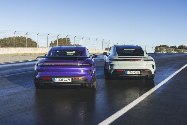 The Porsche Taycan Turbo GT with the Weissach package (L) and the Taycan Turbo GT are shown.