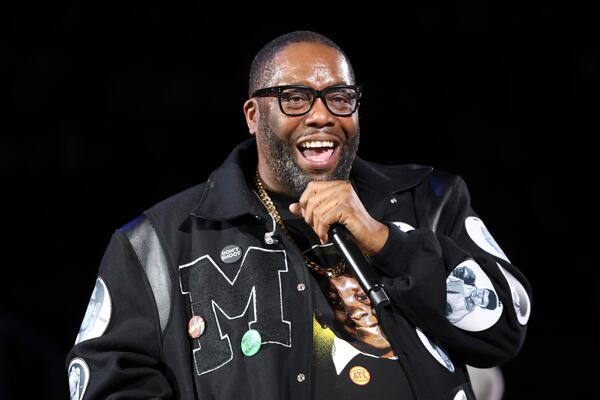 Rapper Killer Mike performs at half time of the Atlanta Hawks game against the San Antonio Spurs in the Hawks’ annual MLK Day game at State Farm Arena, Monday, January 15, 2024, in Atlanta. (Jason Getz / Jason.Getz@ajc.com)