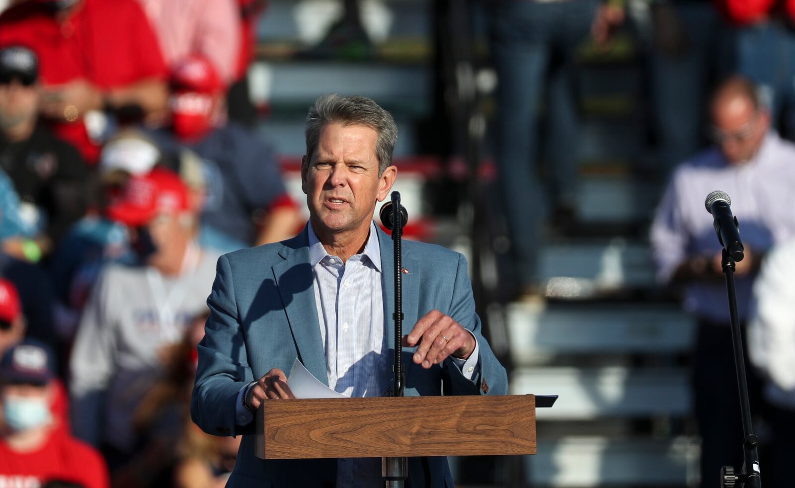 Republican Gov. Brian Kemp tried to focus attention on Democratic President Joe Biden as the election drew close, blaming the president for high inflation and a wobbly economy. “Why isn’t Raphael Warnock campaigning with Joe Biden?” Kemp asked Monday ahead of a statewide fly-around tour. (Alyssa Pointer / Alyssa.Pointer@ajc.com)