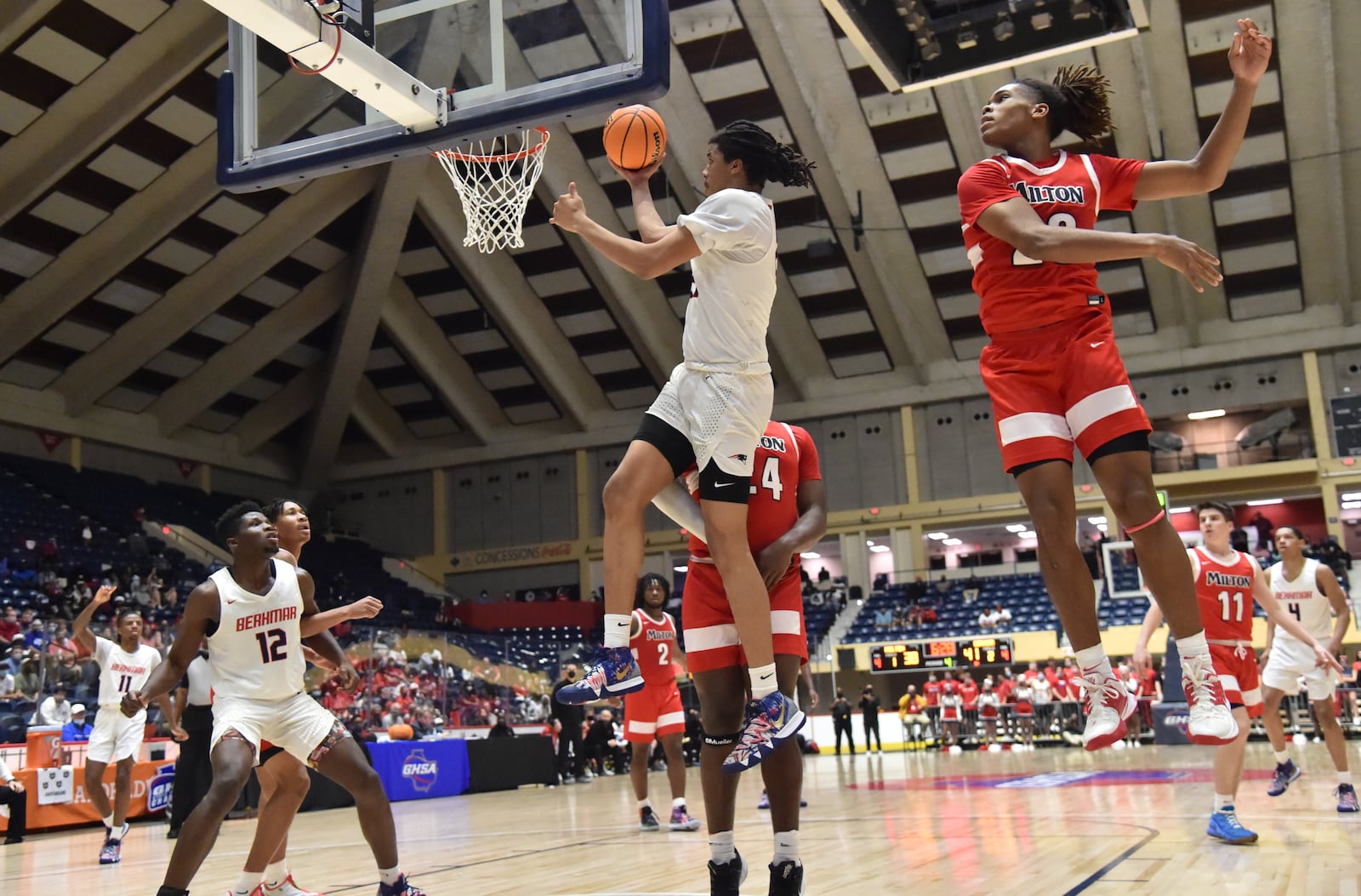 Berkmar's Malique Ewin (21) goes up for a shot during the Class 7A championship game Saturday, March 13, 2021, at the Macon Centreplex in Macon. Milton won 52-47. (Hyosub Shin / Hyosub.Shin@ajc.com)