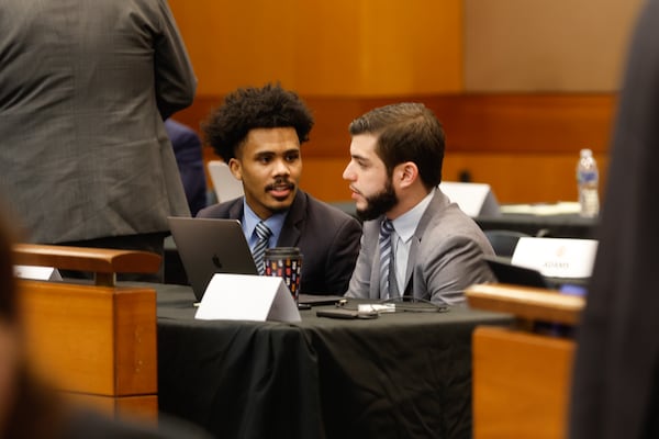 Miles Farley (left), a defendant in YSL/Young Thug trial, and his attorney, Anastasios Manettas, appear in court for jury selection at the Fulton County Courthouse on Wednesday, Jan. 4, 2023. (Natrice Miller/AJC)