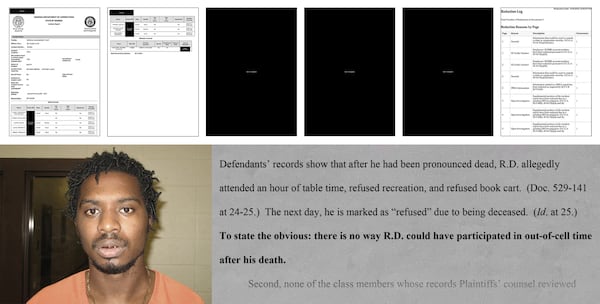 The GDC's incident report regarding the death of inmate Ricardo Daughtry is heavily redacted of relevant details (top), including full pages that are blacked out. Attorneys from the Southern Center for Human Rights noted in a court filing that prison records claim that Daughtry was participating in "table time" outside his cell after he had been pronounced dead (bottom, emphasis theirs).