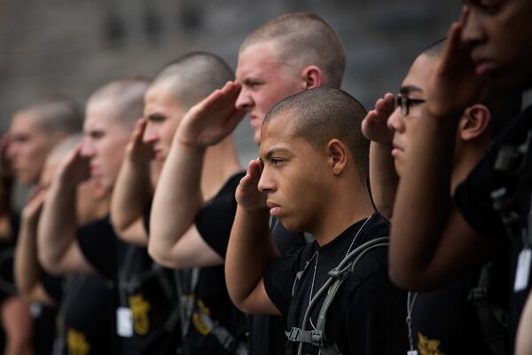 New cadets practice their salute during Reception Day at the United States Military Academy at West Point, June 27, 2016 in West Point, New York.