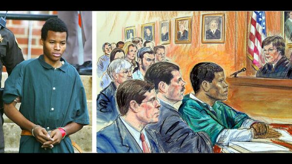 Lee Boyd Malvo, at left, is seen outside court in November 2002 and, at right, is depicted during an April 2003 Virginia court hearing. Malvo and John Muhammad were convicted of being the Beltway snipers, who killed 12 people in the fall of 2002.