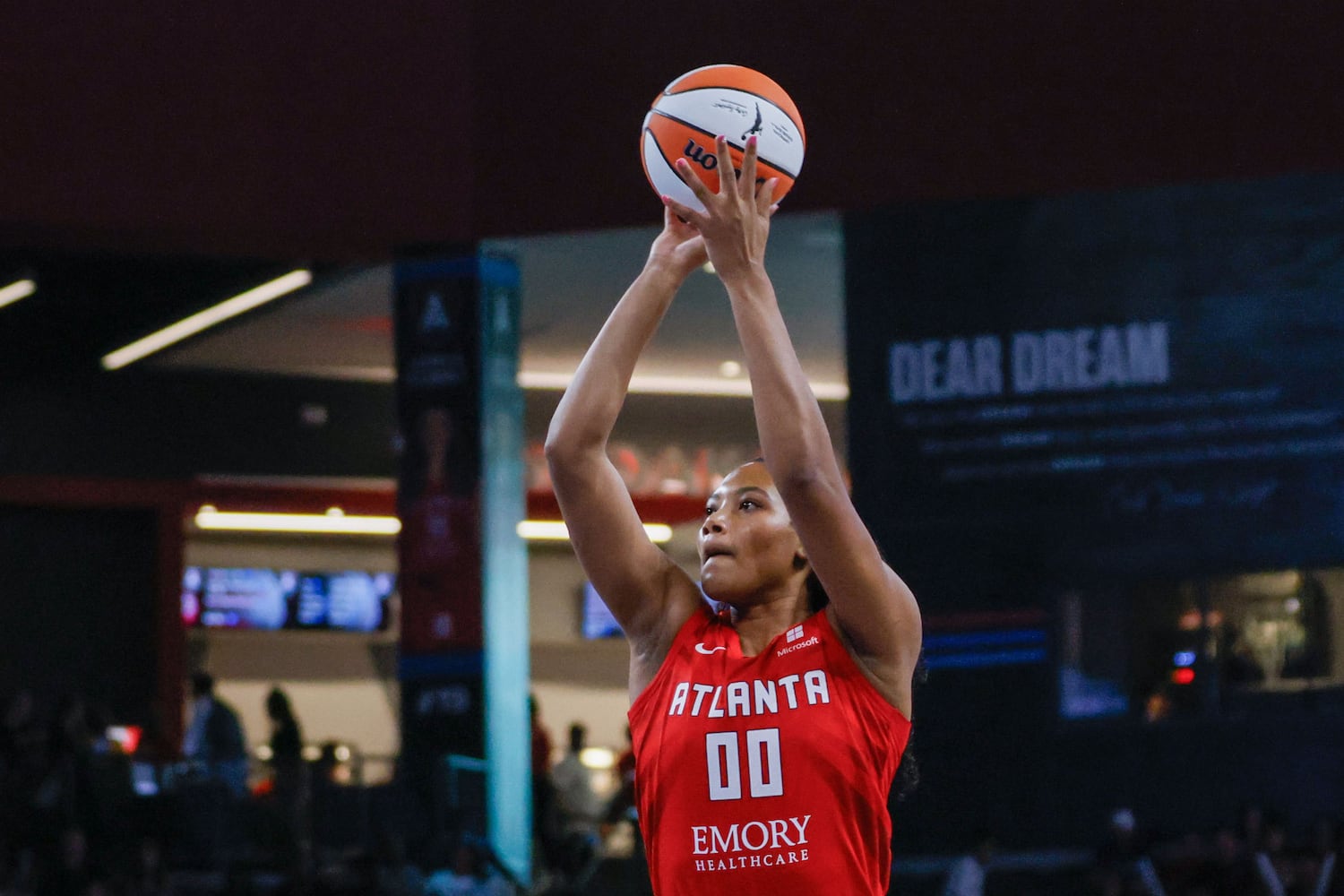 Atlanta Dream forward Naz Hillmon attempts a 3-pointer during the first half at Gateway Center Arena, Sunday, May 26, 2024, in Atlanta. (Miguel Martinez / AJC)