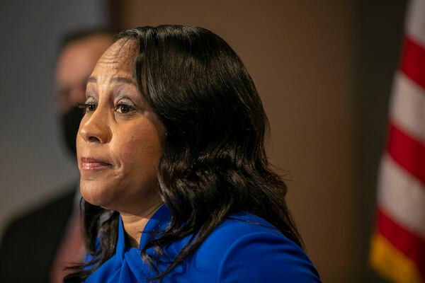 08/30/2021 — Atlanta, Georgia — Fulton County District Attorney Fani Willis speaks during a press conference in the District Attorney’s office at the Fulton County Courthouse in downtown Atlanta, Monday, August 30, 2021. The presser took place following Robert Aaron Long appearing in front of Fulton County Superior Court Judge Ural Glanville. Attorney Fani Willis revealed she has filed sentencing enhancements against Long using Georgia’s new hate crimes law. “One was a bias of gender, against women, and the other on the basis of race,” Willis said. All four victims in Fulton were Asian women. (Alyssa Pointer/Atlanta Journal Constitution)