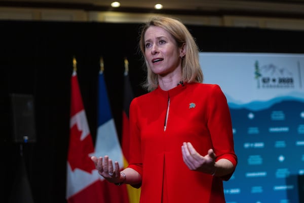 European Union foreign policy chief Kaja Kallas speaks to a news channel at the G7 Foreign Ministers meeting in La Malbaie, Que., on Thursday, March 13, 2025. (Francis Vachon /The Canadian Press via AP)