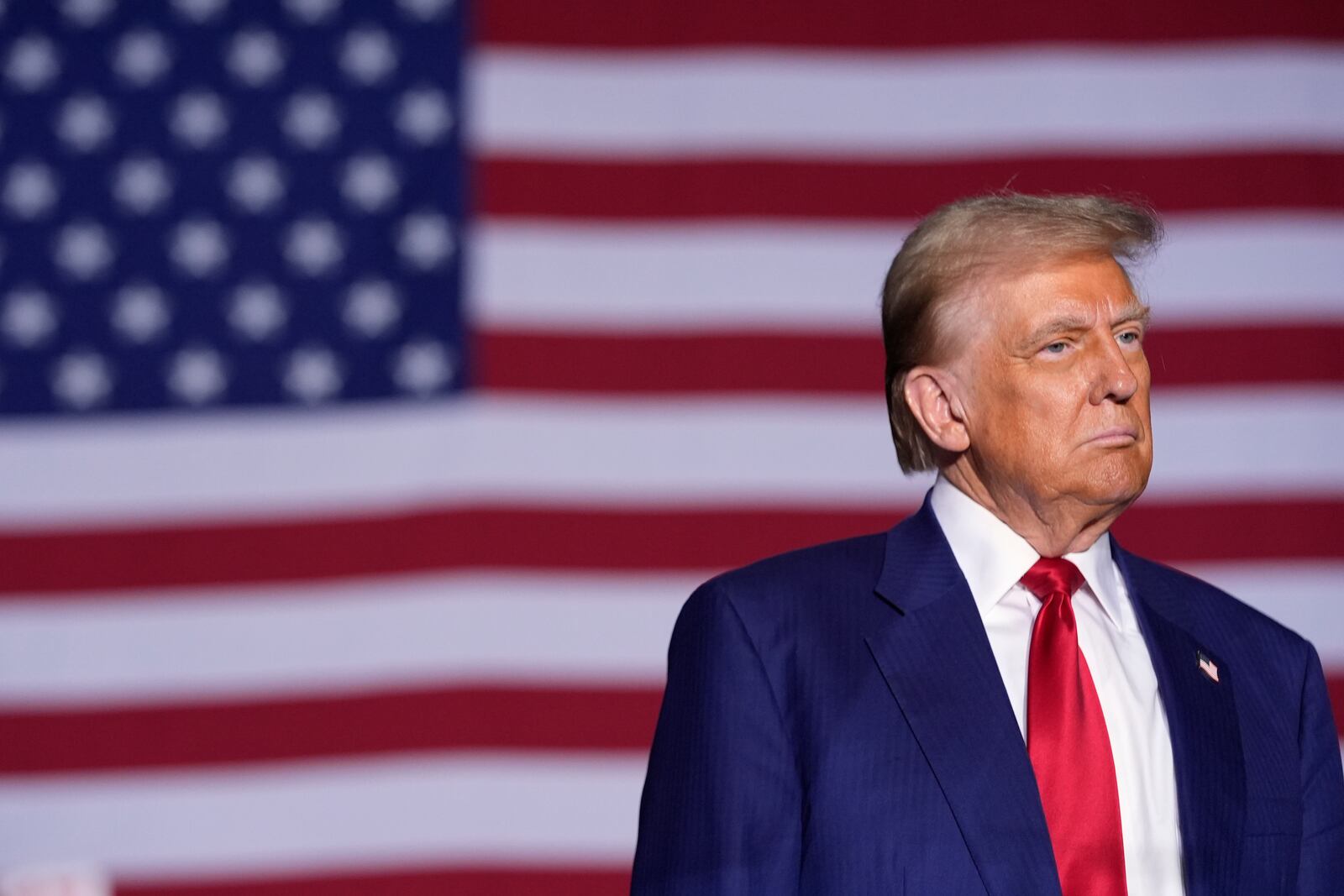 Republican presidential nominee former President Donald Trump speaks during a campaign rally at the Suburban Collection Showplace, Saturday, Oct. 26, 2024, in Novi, Mich. (AP Photo/Alex Brandon)