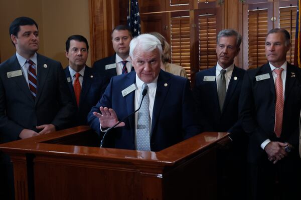 Georgia House Speaker Jon Burns, R-Newington, addresses the media following the passing of SB68 on Thursday, March 20, 2025 in Atlanta. (Miguel Martinez /Atlanta Journal-Constitution via AP)