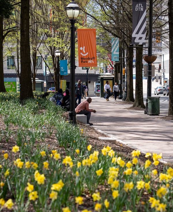 Trees and flowers bloom in and around Woodruff Park in downtown Atlanta on Wednesday, March 19, 2025. (Ben Hendren for the Atlanta Journal-Constitution)