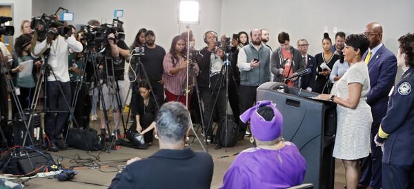 Atlanta Mayor Keisha Lance Bottoms at a news conference on March 21, 2019, where she announced that officials will take a fresh look at the Atlanta child murders that left nearly 30 youths and young adults dead four decades ago. (Bob Andres / bandres@ajc.com)