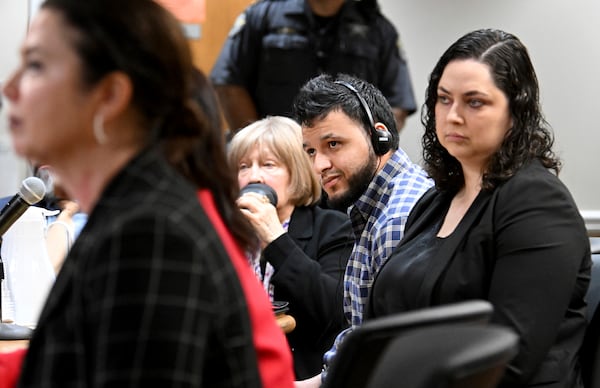 Jose Ibarra listens through an interpreter during a hearing of the killing of a Georgia nursing student at Athens-Clarke County Superior Court, Tuesday, Nov. 12, 2024, in Athens, Ga. (Hyosub Shin/Atlanta Journal-Constitution via AP)