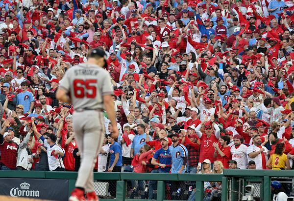 Phillies fans cheer as Braves starter Spencer Strider exits the game with one out in the bottom of the third inning Friday in Game 3 of the National League Division Series at Citizens Bank Park in Philadelphia on Friday, October 14, 2022. (Hyosub Shin / Hyosub.Shin@ajc.com)