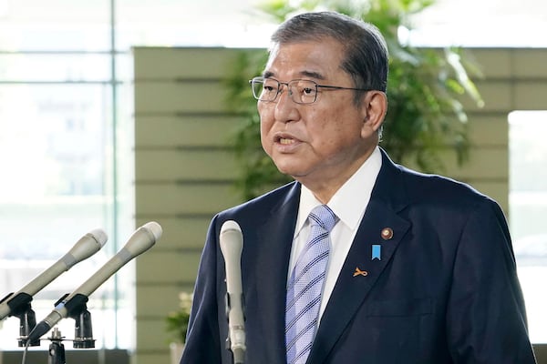 Japan's Prime Minister Shigeru Ishiba speaks to journalists following North Korea's latest missile launches, at his office in Tokyo Tuesday, Nov. 5, 2024. (Kyodo News via AP)