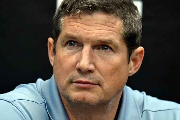 FILE - Florida Gulf Coast coach Karl Smesko talks during a news conference after an NCAA college basketball game in the Gulf Coast Showcase, Nov. 25, 2023, in Estero, Fla. (AP Photo/Steve Nesius, file)