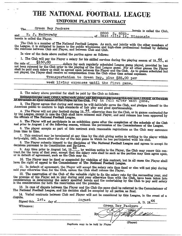 The bottom of the contract with Curly Lambeau's signature.