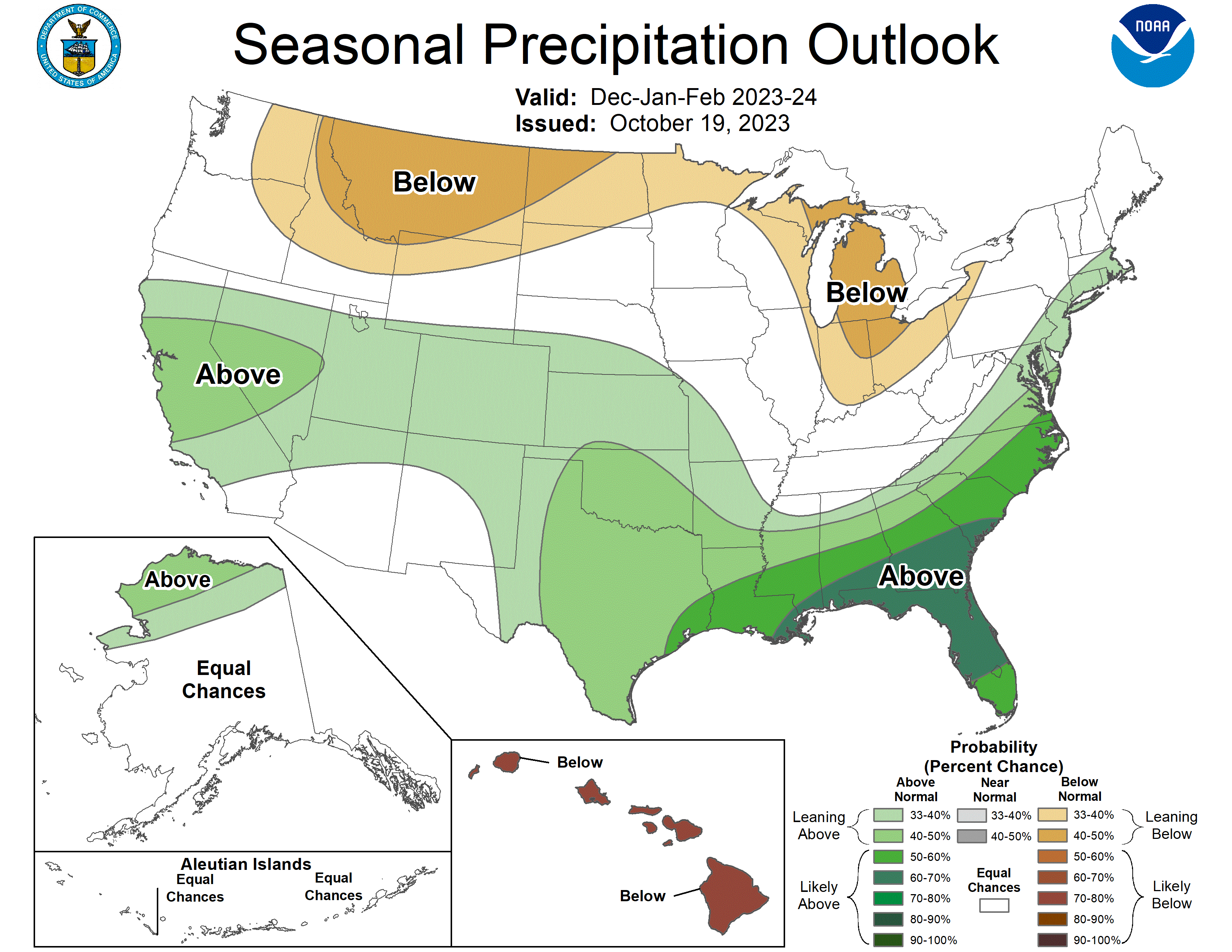 NOAA's 2023-2024 winter outlook predicts wetter-than-average conditions are most likely across the South and Southeast, plus parts of California and Nevada. Drier conditions are predicted for parts of the northern United States.