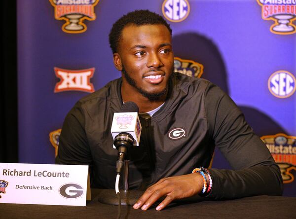 Georgia defensive back Richard LeCounte takes questions before the Sugar Bowl against Texas on Saturday, Dec 29, 2018, in New Orleans.    Curtis Compton/ccompton@ajc.com