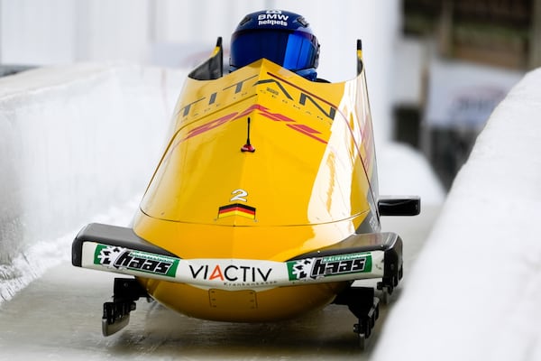 Johannes Lochner and Georg Fleischhauer, of Germany, race compete on the second run in the two-man bobsled at the bobsledding world championships, Saturday, March 8, 2025, in Lake Placid, N.Y. (AP Photo/Julia Demaree Nikhinson) Placid, N.Y. (AP Photo/Julia Demaree Nikhinson)