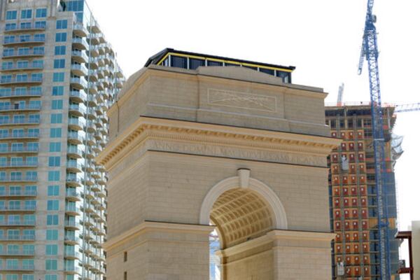 The Millennium Gate project at Atlantic Station, surrounded by nearby skyscrapers is set to open to the public on the Fourth of July, 2008.