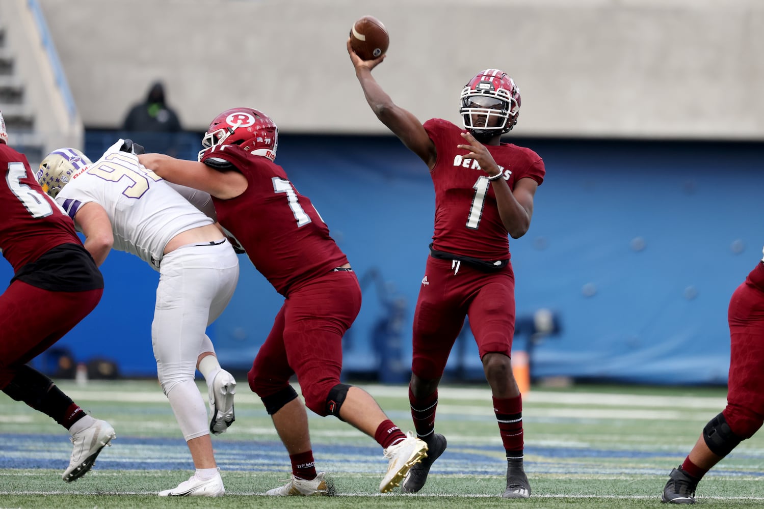 Warner Robins quarterback Jalen Addie (1) attempts a pass in the first half against Cartersville during the first half of their Class 5A state high school football final at Center Parc Stadium Wednesday, December 30, 2020 in Atlanta. JASON GETZ FOR THE ATLANTA JOURNAL-CONSTITUTION