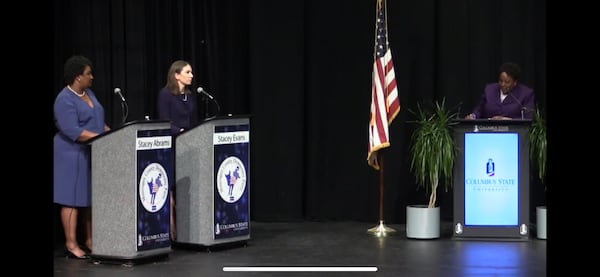 Stacey Abrams and Stacey Evans at a televised debate in Columbus.