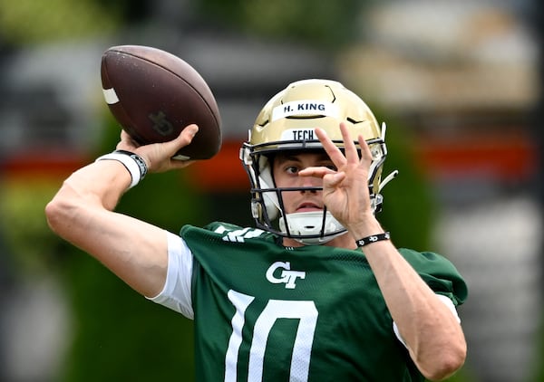 Georgia Tech's quarterback Haynes King (10) throws a ball during a training camp at Georgia Tech’s Rose Bowl Field, Tuesday, August 1, 2023, in Atlanta. (Hyosub Shin / Hyosub.Shin@ajc.com)