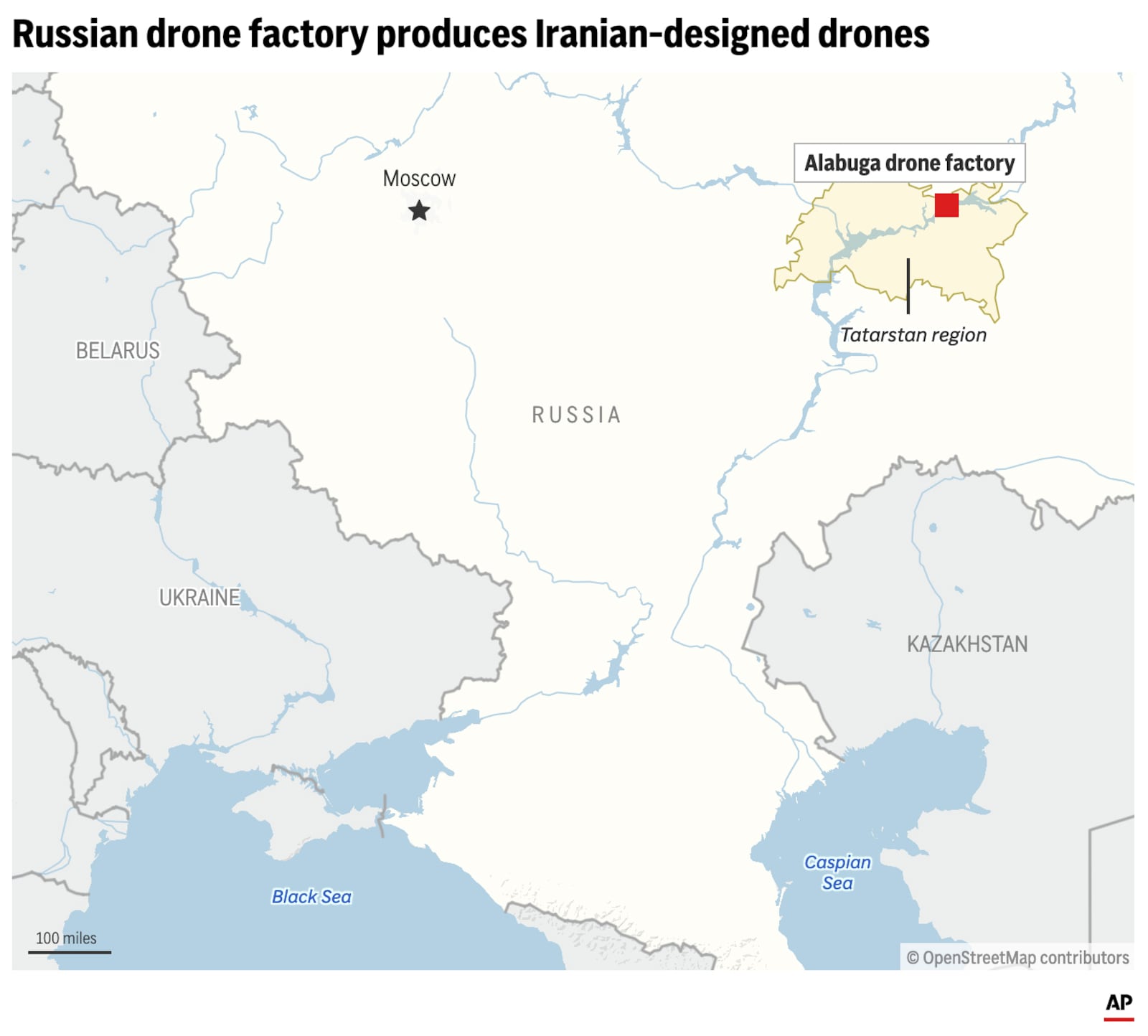 The map above locates the Alabuga drone factory in the Tatarstan region of Russia. (AP Digital Embed)