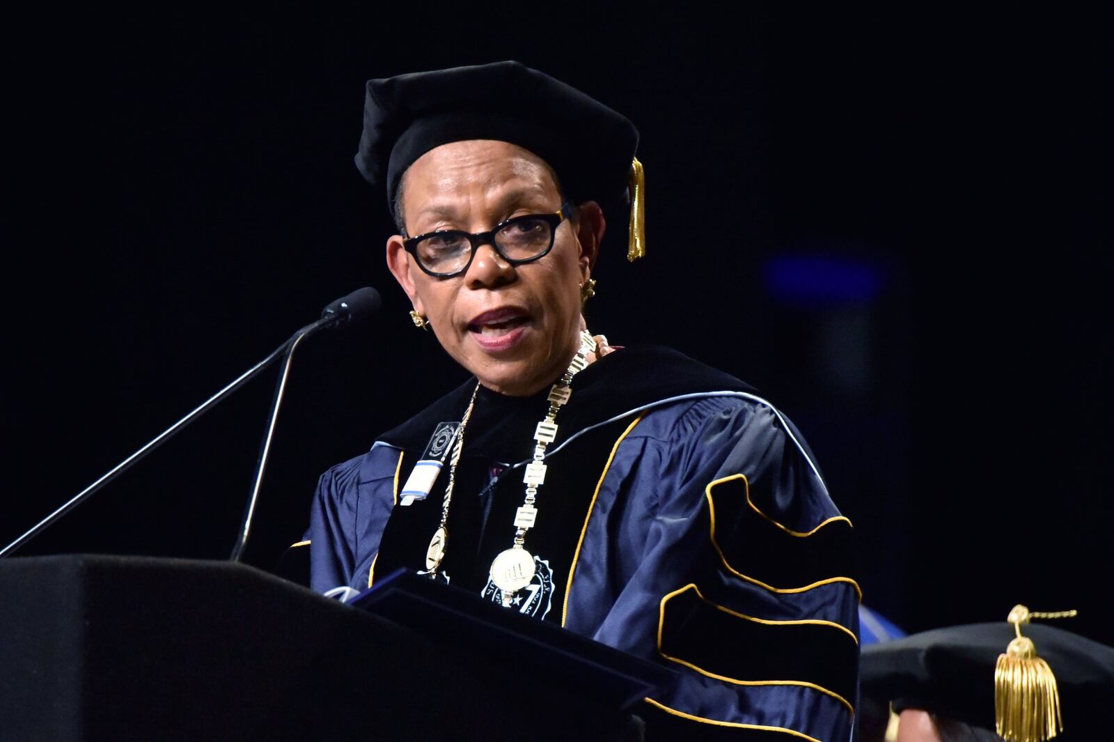 Dr. Mary Schmidt Campbell speaks during Spelman College 2016 Investiture Ceremony at Georgia World Congress Center in Atlanta on Saturday, April 9, 2016.  HYOSUB SHIN / HSHIN@AJC.COM