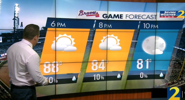 Channel 2 Action News meteorologist Brian Monahan expects temperatures in the 80s for the Monday night Braves game at Truist Park.