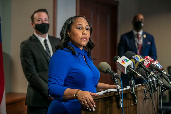 Fulton County District Attorney Fani Willis speaks during a press conference in the District Attorney's office at the Fulton County Courthouse in downtown Atlanta, Monday, August 30, 2021. (Alyssa Pointer/Atlanta Journal-Constitution/TNS)