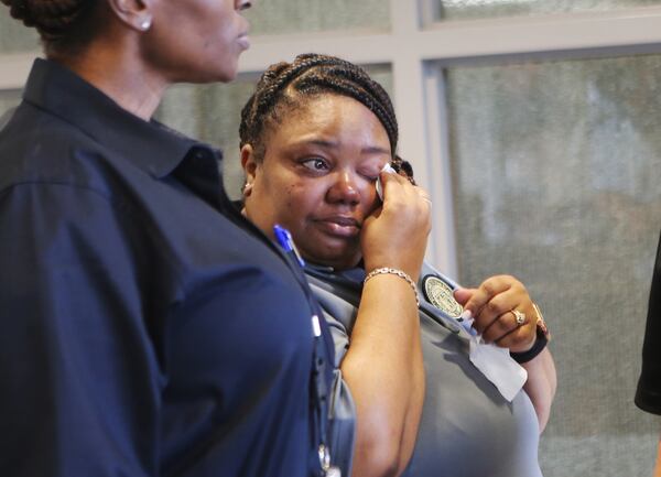 Grief was evident after a press conference on Friday, September 9, 2022, about a shooting that killed 2 Cobb County Sheriff’s Office deputies, Marshall Samual Ervin Jr. and Jonathan Randall Koleski, at the Cobb County Adult Detention Center in Marietta, Georgia. Officials answered questions about the ongoing investigation after attending the suspects’ first appearances in court. Both suspects were not granted bond. CHRISTINA MATACOTTA FOR THE ATLANTA JOURNAL-CONSTITUTION