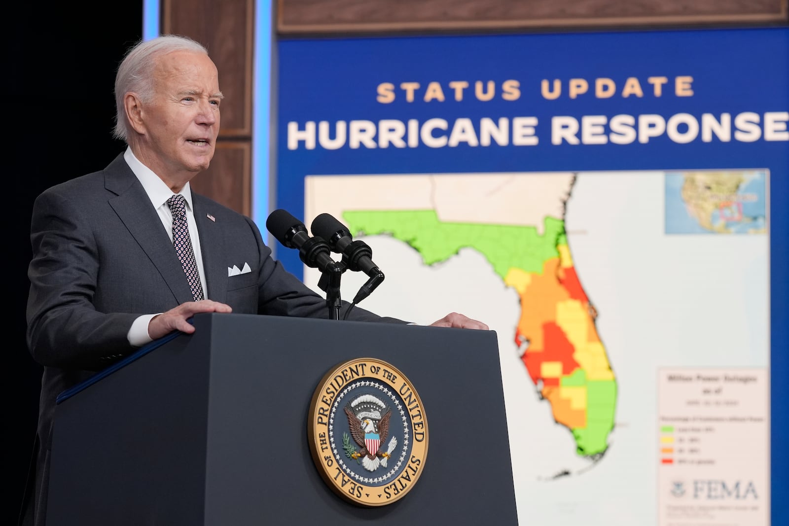 President Joe Biden speaks and gives an update on the impact and the ongoing response to Hurricane Milton, in the South Court Auditorium on the White House complex in Washington, Thursday, Oct. 10, 2024. (AP Photo/Susan Walsh)