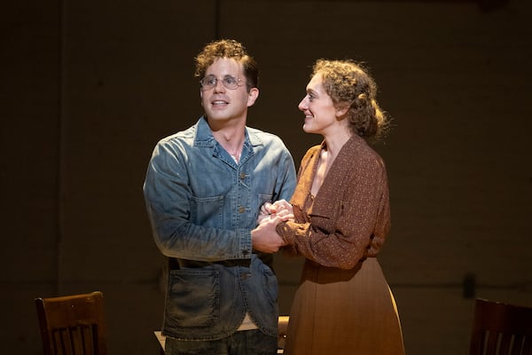 Ben Platt, left, as Leo Frank and Micaela Diamond as Lucille Frank in a revival of the 1998 musical “Parade” at New York City Center, Oct. 31, 2022. The gala production delves further into America’s history of violence and delivers the best-sung musical in many a New York season. (Sara Krulwich/The New York Times)