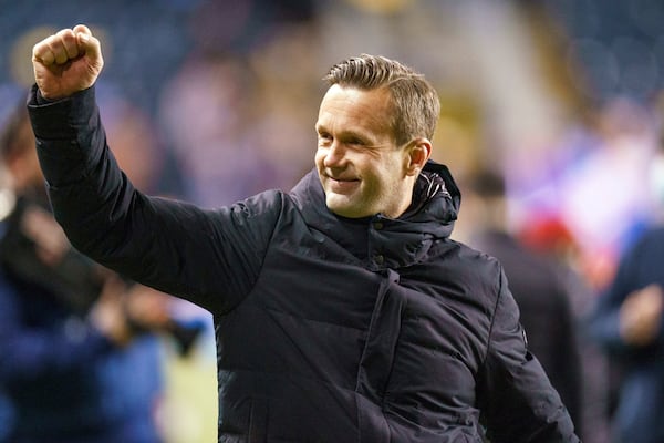 FILE - New York City FC head coach Ronny Deila celebrates after an MLS playoff soccer match against the Philadelphia Union, on, Dec. 5, 2021, in Chester, Pa. NYCFC face the Portland Timbers in the MLS Cup final on Saturday. (AP Photo/Chris Szagola, File)