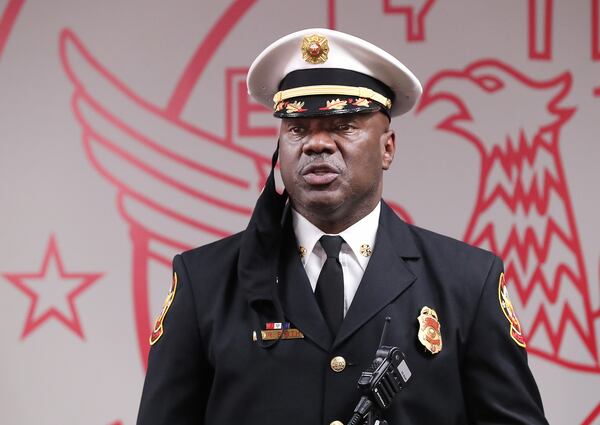 021721 Atlanta: Newly appointed Atlanta Fire Rescue Department Chief Roderick M. Smith speaks at the conclusion of the ceremony at Public Safety Headquarters in Atlanta on Wednesday, Feb. 17, 2021.   Curtis Compton / Curtis.Compton@ajc.com”