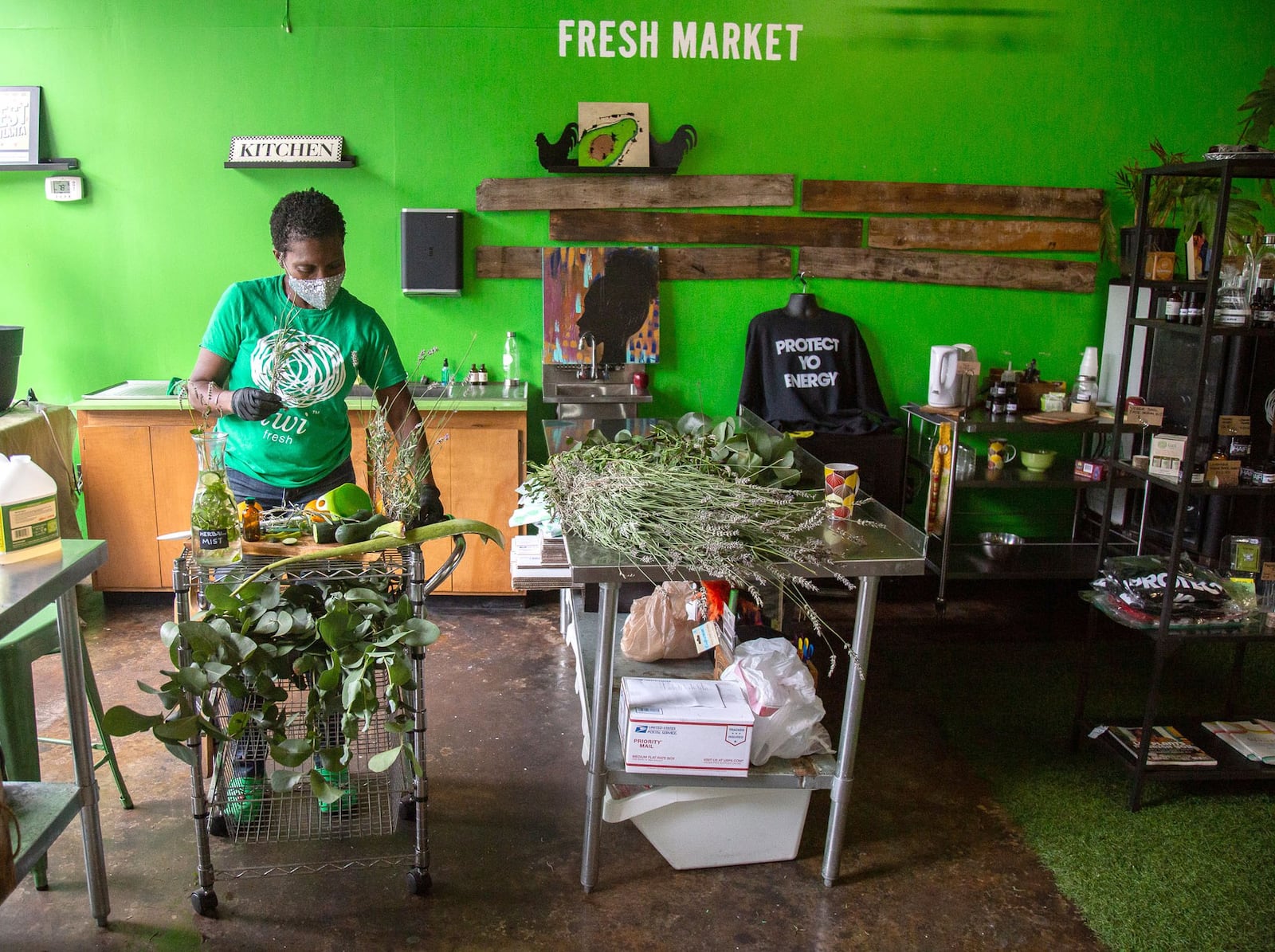 Owner of Iwi Fresh Farm-to-Skin Spa Yolanda Owens makes up a hydration face mist in her Atlanta spa Wednesday, July 01, 2020. STEVE SCHAEFER FOR THE ATLANTA JOURNAL-CONSTITUTION