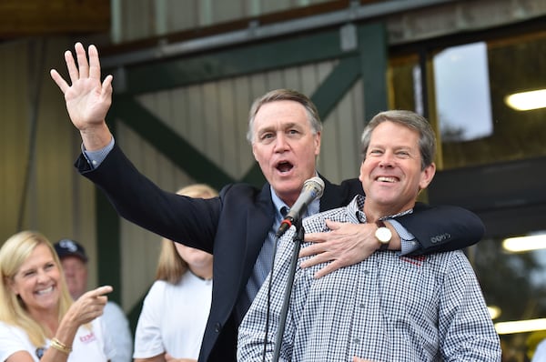 U.S. Sen. David Perdue and then-candidate for governor Brian Kemp in 2018, when they were allies. Now, Perdue is said to be considering a run against Kemp with support from former President Donald Trump. HYOSUB SHIN / HSHIN@AJC.COM