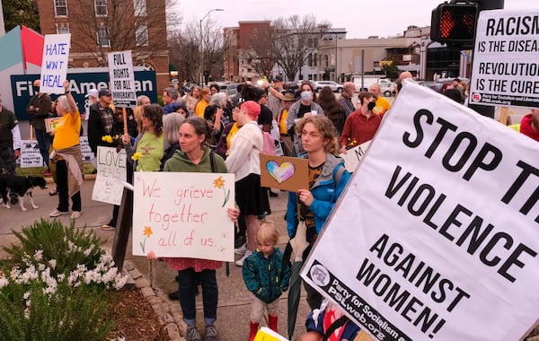 Supporters of the Athens Anti-Discrimination Movement hold a “unity vigil” at City Hall in Athens, Georgia on Tuesday evening, March 5, 2024.  (Nell Carroll for The Atlanta Journal-Constitution)