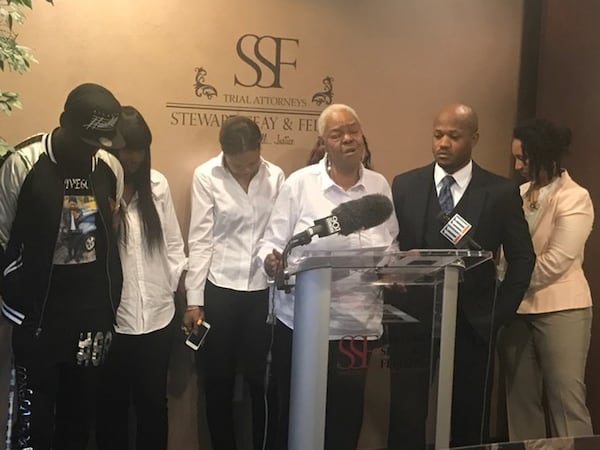 Friday, Feb. 24 - Deaundre Phillips’ grandmother, Deborah Hall, spoke to the media while flanked by family members and her attorney, Chris Stewart. CHRISTIAN BOONE/CBOONE@AJC.COM