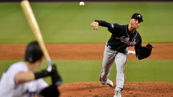 Braves starter Mike Foltynewicz throws a pitch during the third inning against the Miami Marlins Aug. 11, 2019, at Marlins Park in Miami.