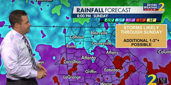 Channel 2 Action News meteorologist Brian Monahan is calling for an additional 1 to 3 inches of rainfall, with locally heavier amounts, in metro Atlanta by this weekend.