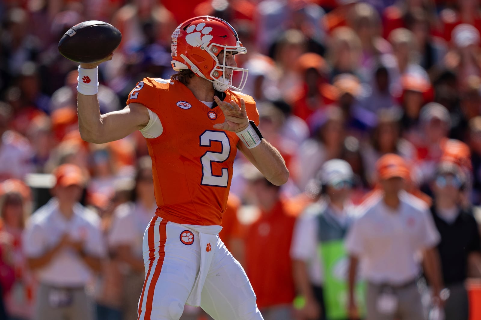 Clemson quarterback Cade Klubnik passes the ball against Virginia in the first half of an NCAA college football game Saturday, Oct. 19, 2024, in Clemson, S.C. (AP Photo/Jacob Kupferman)