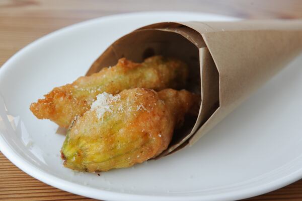 Squash Blossom- fried & filled with Ricotta & Mozzarella di Bufala Campana. (BECKY STEIN PHOTOGRAPHY)