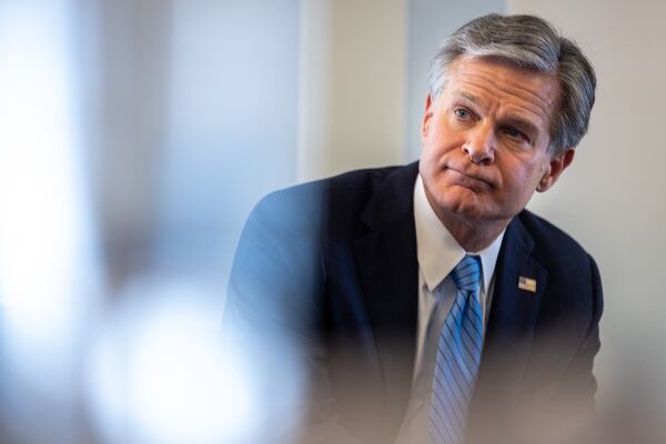 FBI Director Christopher Wray speaks at the Commerce Club in Atlanta for an event put on by the Atlanta Press Club on Tuesday, June 20, 2023. (Arvin Temkar / arvin.temkar@ajc.com)