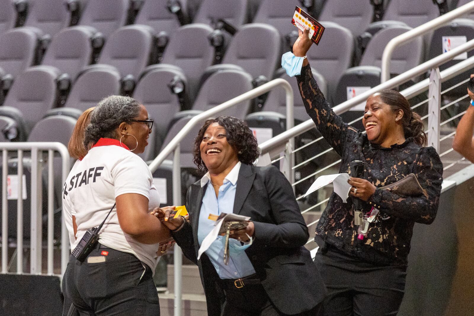 Tina Gaston Williams (right) and Stacy Gaston celebrate after making it through the interview process at the Hawks' inaugural "Interview Day" event at State Farm Arena on Saturday, September 10, 2022. (Photo: Steve Schaefer/steve.schaefer@ajc.com)