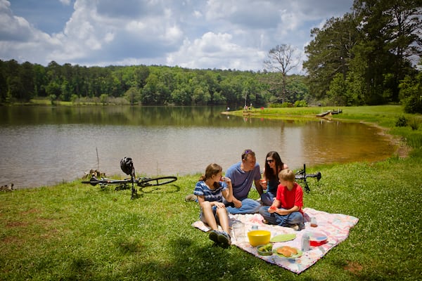 After a bike ride, a family enjoys a picnic at Panola Mountain State Park. 
Courtesy of the Georgia Department of Natural Resources.