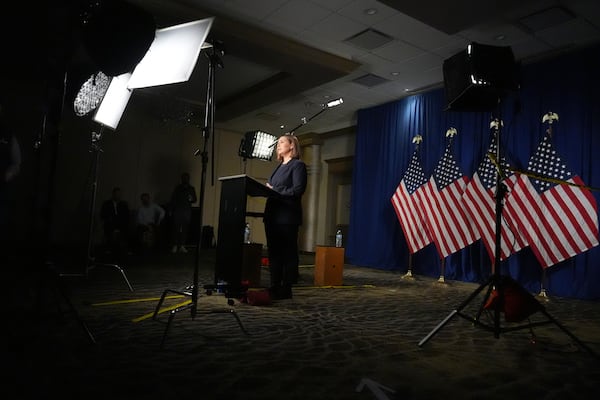 Sen. Elissa Slotkin, D-Mich., rehearses the Democratic response to President Donald Trump's address to a joint session of congress Tuesday, March 4, 2025, in Wyandotte, Mich. (AP Photo/Paul Sancya, Pool)