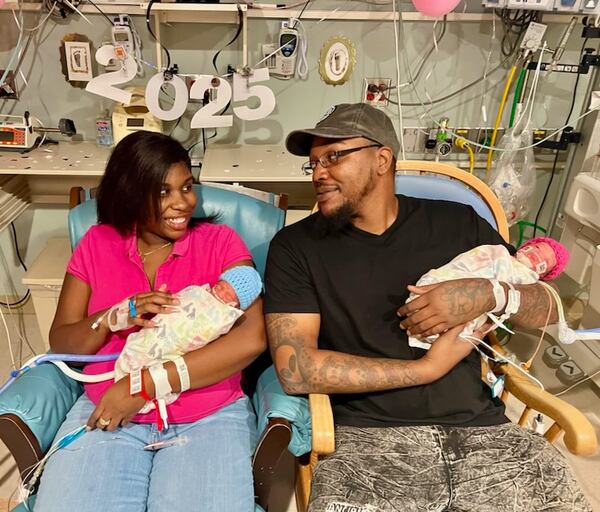 Twins Alonte and Alonna Woods were the first babies born in 2025 at Piedmont Macon Hospital. They are the second and third children to mom LaShondra Johnson and dad Alton Woods. (Courtesy of Piedmont Macon Hospital)